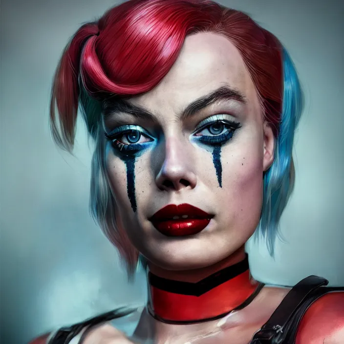 Image similar to portrait of Margot Robbie as a harley quinn. intricate abstract. intricate artwork. by Tooth Wu, wlop, beeple, dan mumford. octane render, trending on artstation, greg rutkowski very coherent symmetrical artwork. cinematic, hyper realism, high detail, octane render, 8k, iridescent accents