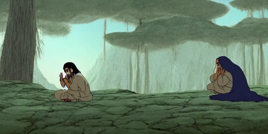 Image similar to a cell - shaded cartoon movie still from princess mononoke ( 1 9 9 7 ) of a middle eastern imam kneeling in prayer. a golden ufo is in the sky. very dull muted colors, hd, 4 k, hq