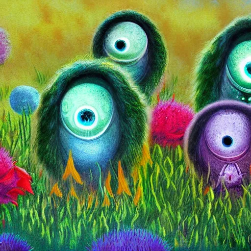 Image similar to cute fluffy aliens with big eyes and big ears in field of weird luminescent plants detailed painting 4k