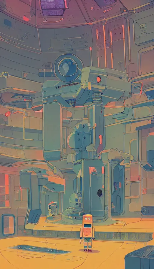 Prompt: a lonely robot in a space station, sharp focus, james gilleard, moebius, print, risograph, cinematic, game art