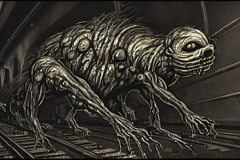 Image similar to very large giant mutant zombie irradiated angry rat staying on railways in tonnel of moscow subway. extreme high detail, very realistic. low dark light, scary mood. giger