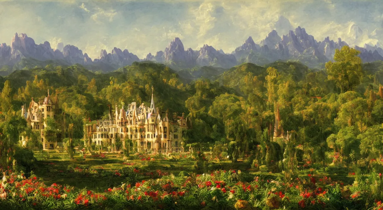 Image similar to a landscape painting of a manor designed by Antoni Gaudí, with flower fields as foreground, with mountains as background, by Thomas Cole