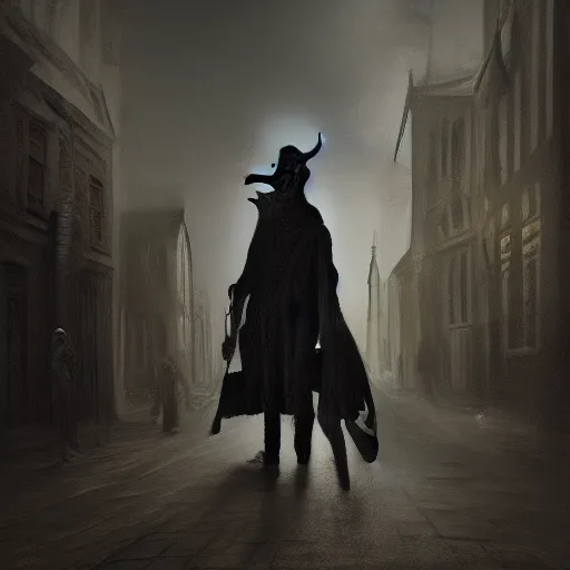 Image similar to a plague doctor walks through a Victorian city, dark atmosphere, detailed, dark Colors