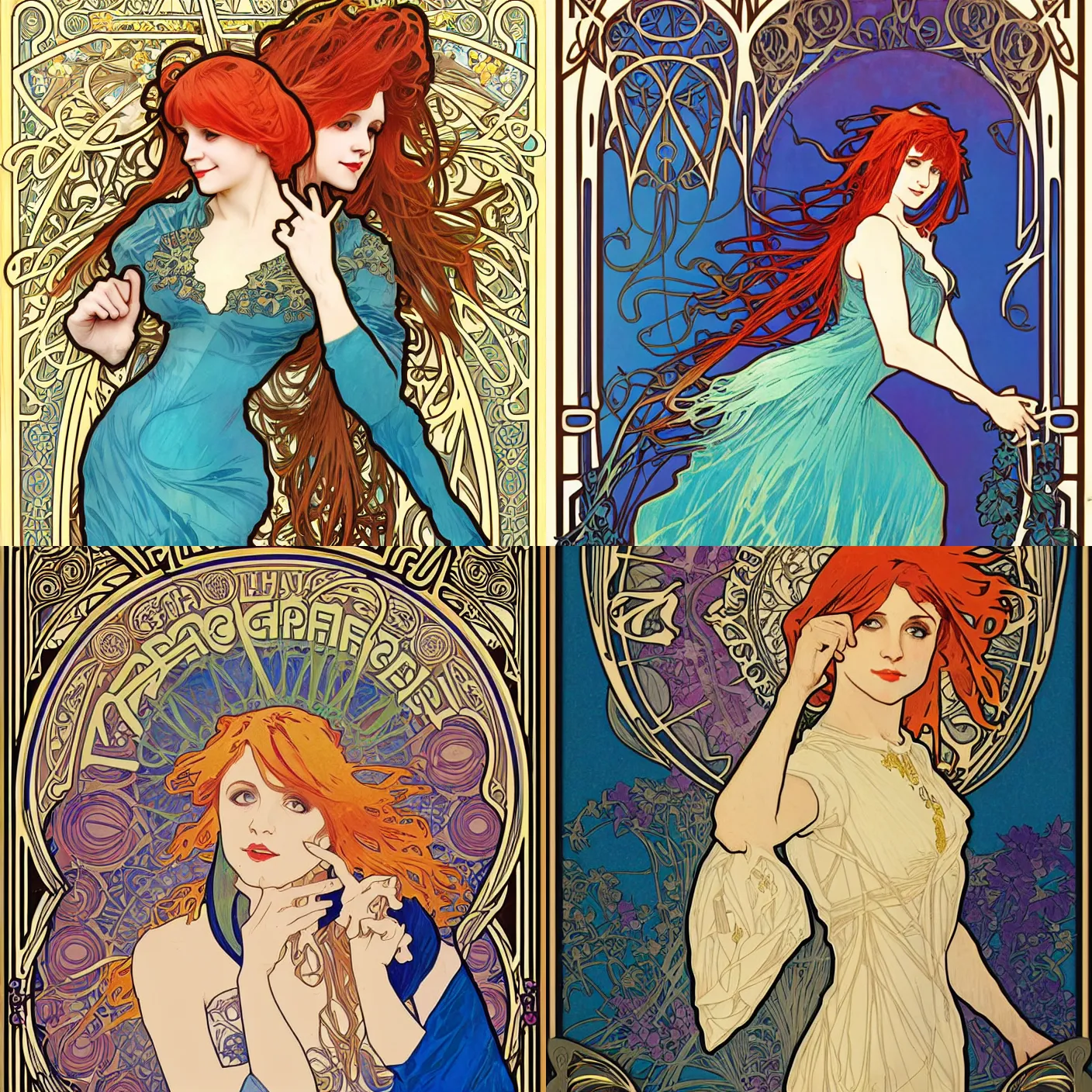 Prompt: Alphonse Mucha, art nouveau, wood carving, beautiful pretty female Hayley Williams Paramore, smile, symmetrical, realistic, victorian blue dress, long red hair, full body action pose, gold green blue purple, Unreal Engine