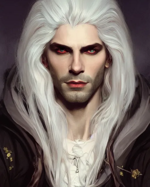 Prompt: up close portrait of a beautiful handsome male vampire with white hair d & d, face, fantasy, intricate, elegant, highly detailed, digital painting, artstation, concept art, smooth, sharp focus, illustration, art by artgerm and greg rutkowski and alphonse mucha