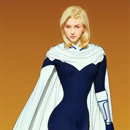 Image similar to a beautiful cartoon still portrait of a beautiful cute young woman shoulder - length blonde hair superhero wearing a tight solid matte navy blue lycra suit white cape white cowl white shoulders, intricate, elegant, 8 k, highly detailed, digital painting, concept art, smooth, sharp focus, illustration, by artgerm greg rutkowski alphonse mucha loish wlop