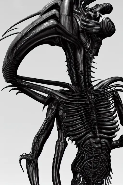 Prompt: hr giger xenomorph alien design in embrio pose, black, shiny body, hyperrealistic, cinematic lighting