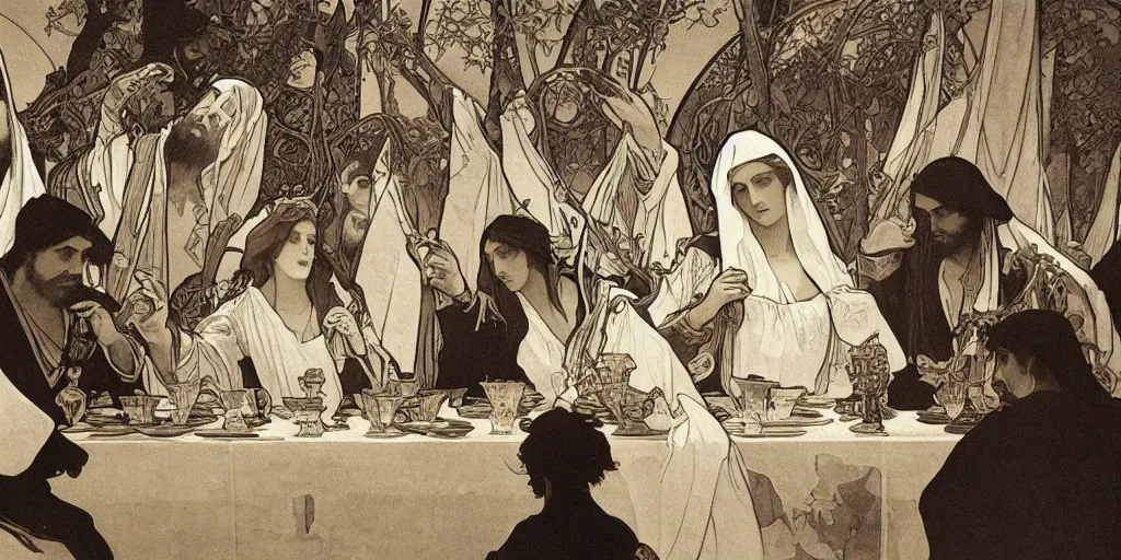 Image similar to the last supper,Alphonse Maria Mucha,elegant,highly detailed,smooth,sharp focus,illustration