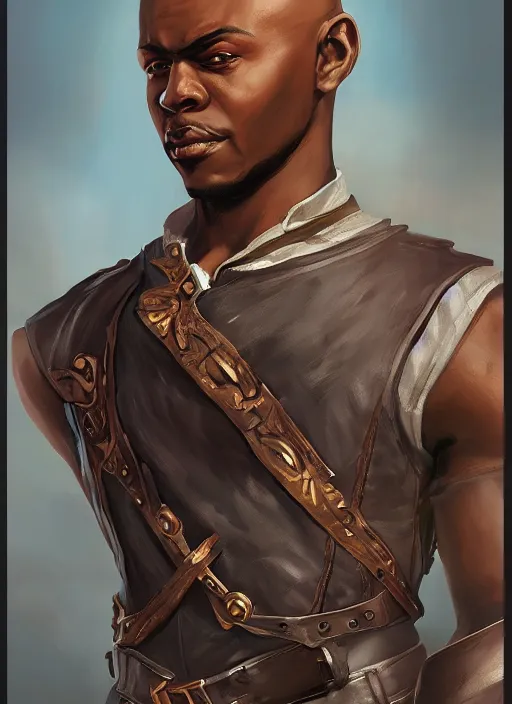 Image similar to An epic fantasy comic book style portrait painting of a young dark skinned thief with broad shoulders and a bald head in a vest in the style of the wheel of time, unreal 5, DAZ, hyperrealistic, octane render, cosplay, RPG portrait, dynamic lighting