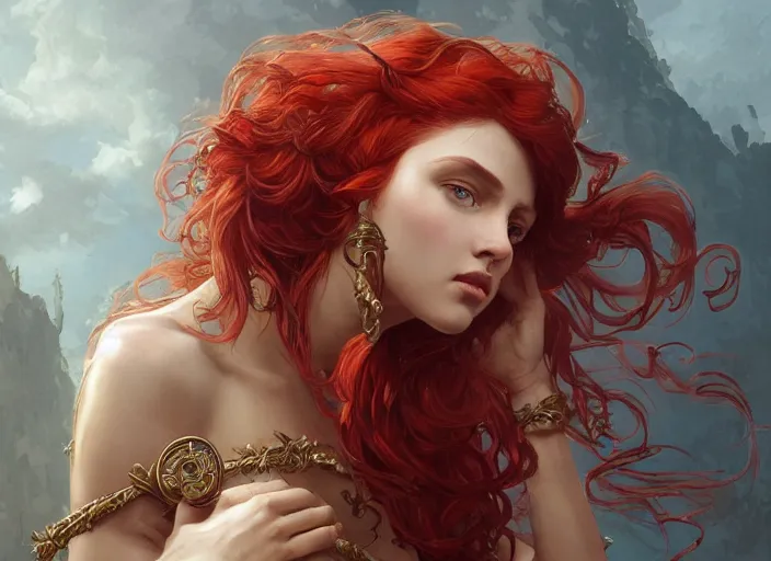 Prompt: A gorgeous Roman Goddess with long flowing red hair, fantasy, intricate, elegant, highly detailed, D&D, digital painting, artstation, concept art, matte painting, sharp focus, illustration, in the style of Greg Rutkowski and Alphonse Mucha and artemisia gentileschi