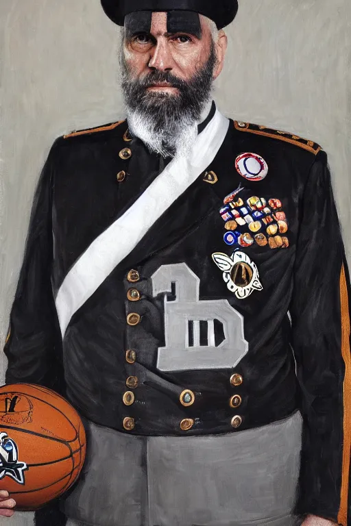 Image similar to full body portrait of the dictator of the san antonio spurs, 1 8 8 9, in full military garb, silver, black, white, greg popovich, oil on canvas by william sidney mount, trending on artstation