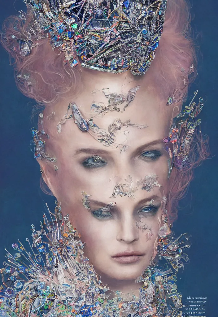 Image similar to a portrait of beautiful queen made of crystal and opal , future fashion, Harpers Bazaar, Vogue magazine, insanely detailed and intricate, concept art, close up