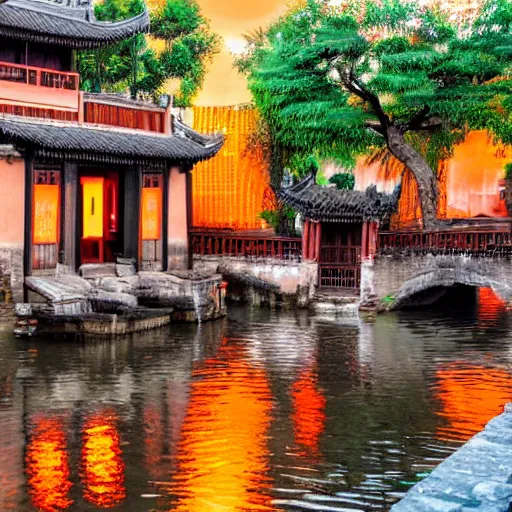 Prompt: peaceful ancient water town in the south of china, zhouzhuang ancient town, sunset glow, movie style, warm color to move