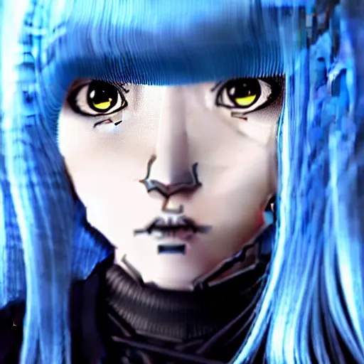 Image similar to full face shot of rimuru tempest, sky blue straight hair, long bangs, with amber eyes, wearing a black jacket, high collar, ultra detailed, concept art, award winning photography, digital painting, cinematic, wlop artstation, closeup, pixiv, evil, yoshitaka amano, andy warhol, ilya kuvshinov,