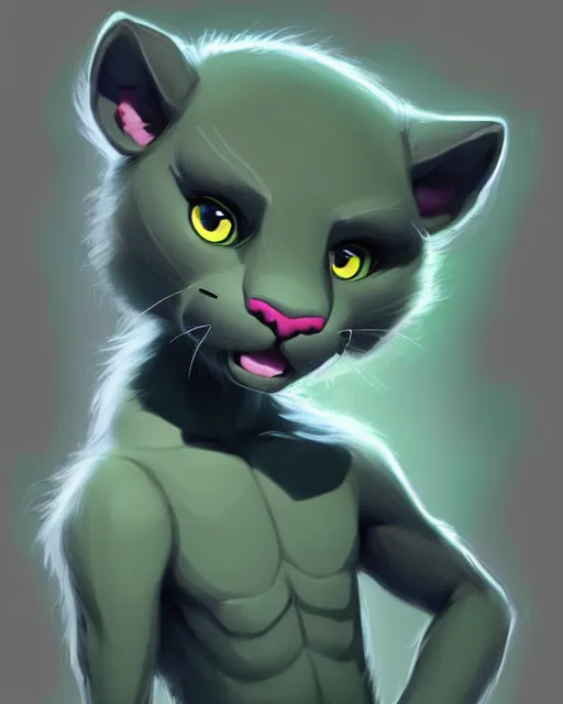 Image similar to character concept art of a cute young male anthropomorphic furry gray panther green hair | | cute - fine - face, pretty face, key visual, realistic shaded perfect face, fine details by stanley artgerm lau, wlop, rossdraws, james jean, andrei riabovitchev, marc simonetti, and sakimichan, trending on artstation