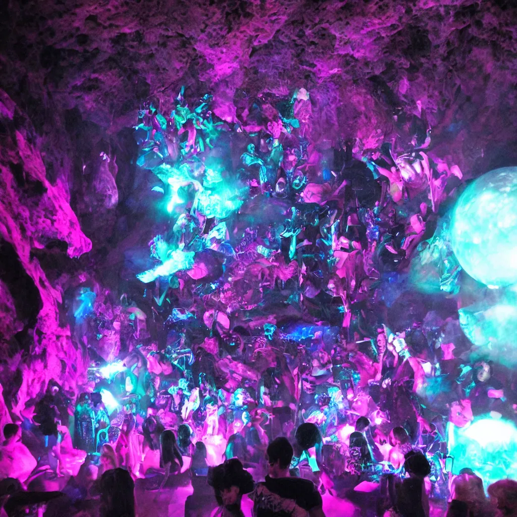 Image similar to goth disco in a cave with pink lasers and blue crystals forming a sphere of knives