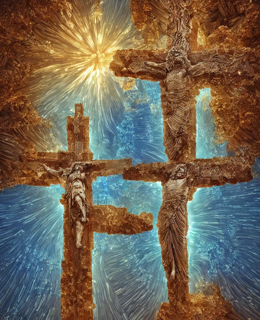 Image similar to a crystalline 3 d mandelbulb fractal in the shape of jesus christ on the cross, bioluminescent opal, fractal, magnificent lighting, ethereal, ray tracing, octane, holographic