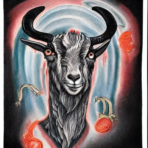 Image similar to a masterpiece illustration of a hellish goat for a tattoo