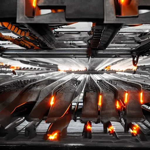 Image similar to rows of toaster oven mecha heads on conveyor belt, dark messy smoke - filled cluttered workshop, dark, dramatic lighting, orange tint, sparks, cinematic, highly detailed, sci - fi, futuristic, movie still