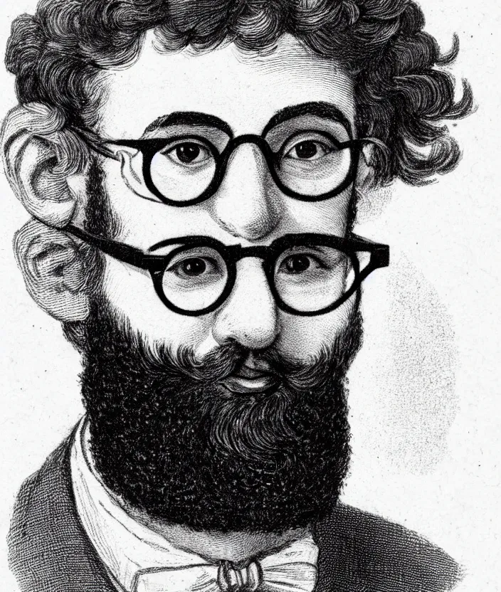 Prompt: jewish young man with glasses, beard stubble, dark short curly hair smiling, illustration in the style of e. h. shephard