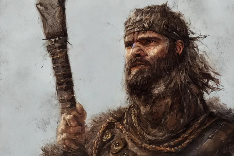 Image similar to a full body fantasy portrait oil painting illustration of a single rugged stoic barbarian man by Justin Sweet with face and body clearly visible, d&d, rpg, forgotten realms, artstation trending, high quality, sombre mood, artstation trending, muted colours, no crop, entire character,