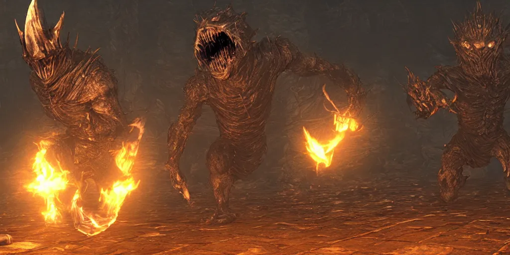 Image similar to minion as a darksouls boss, horror, hd, screenshot,