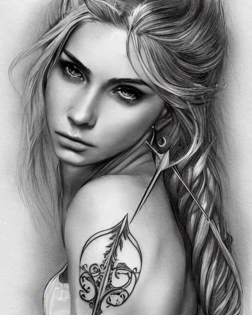 Image similar to tattoo sketch of beautiful greek goddess aphrodite with arrow earrings, beautiful piercing eyes, flowing blonde hair, realistic face, hyper realistic, in the style of greg rutkowski, fantasy, amazing detail, epic, intricate, elegant, smooth, sharp focus