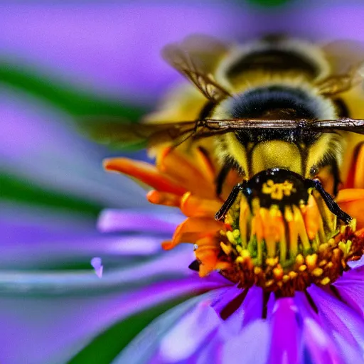 Image similar to an extreme close - up symmetrical portrait of a bee on a flower, photographic filter, unreal engine 5, realistic, hyperdetailed, 8 k, cinematic, volumetric lighting, very realistic effect, hd, hdr, 4 k, sharp focus, octane render, ultra detailed, high resolution, trending on artstation in the style of albert dros glowing rich colors powerful imagery