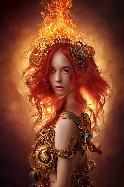Image similar to a beautiful image of a young woman, steampunk Chandra queen of fire, big google over head, long flowing hair of fire, steampunk costume mostly red and gold young female face, cinematic top lighting, insanely detailed and intricate, face by wlop, Charlie Bowater, golden ratio, symmetric, elegant, ornate, luxury, elite, matte painting, cinematic, trending on artstation, dewviantarta and cgsociety, 8k, high resolution