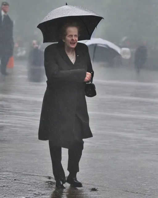 Prompt: margaret thatcher drenched in torrential rainstorm, full body, atmospheric moody hyper realistic award winning color cinematic still 8 k