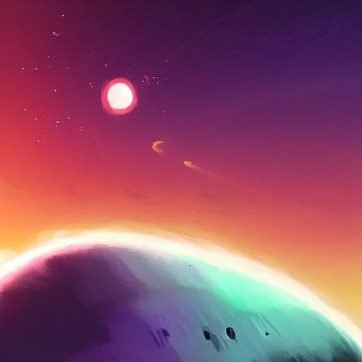 Prompt: a detailed digital painting of a earth - like planet orbiting a large purple sun in space, by alena aenami, petros afshar and greg rutkowski trending on artstation, deviantart, planet, clouds, earth, exoplanet, stars, nubulae