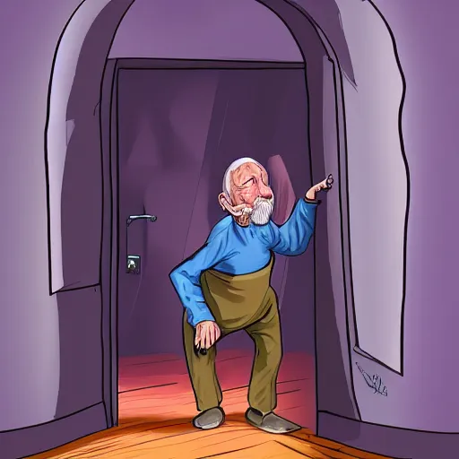 Image similar to old man going through a door to another dimension, fantasy, 4 k, digital art,