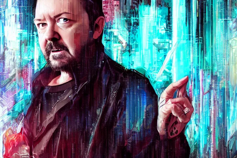 Image similar to full length portrait of ricky gervais as a cyberpunk wizard, dramatic lighting, depth, high detail, digital art, painted by marguerite anderson