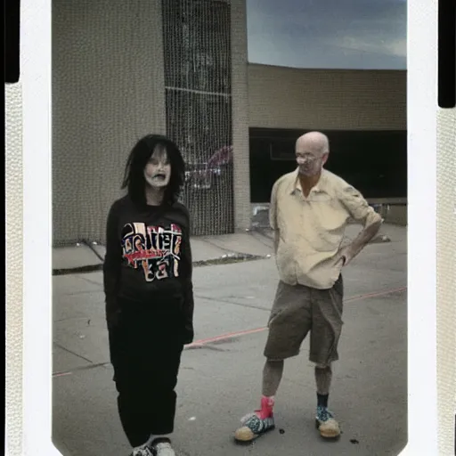 Image similar to found polaroid photo of trash humpers in an abandoned shopping mall