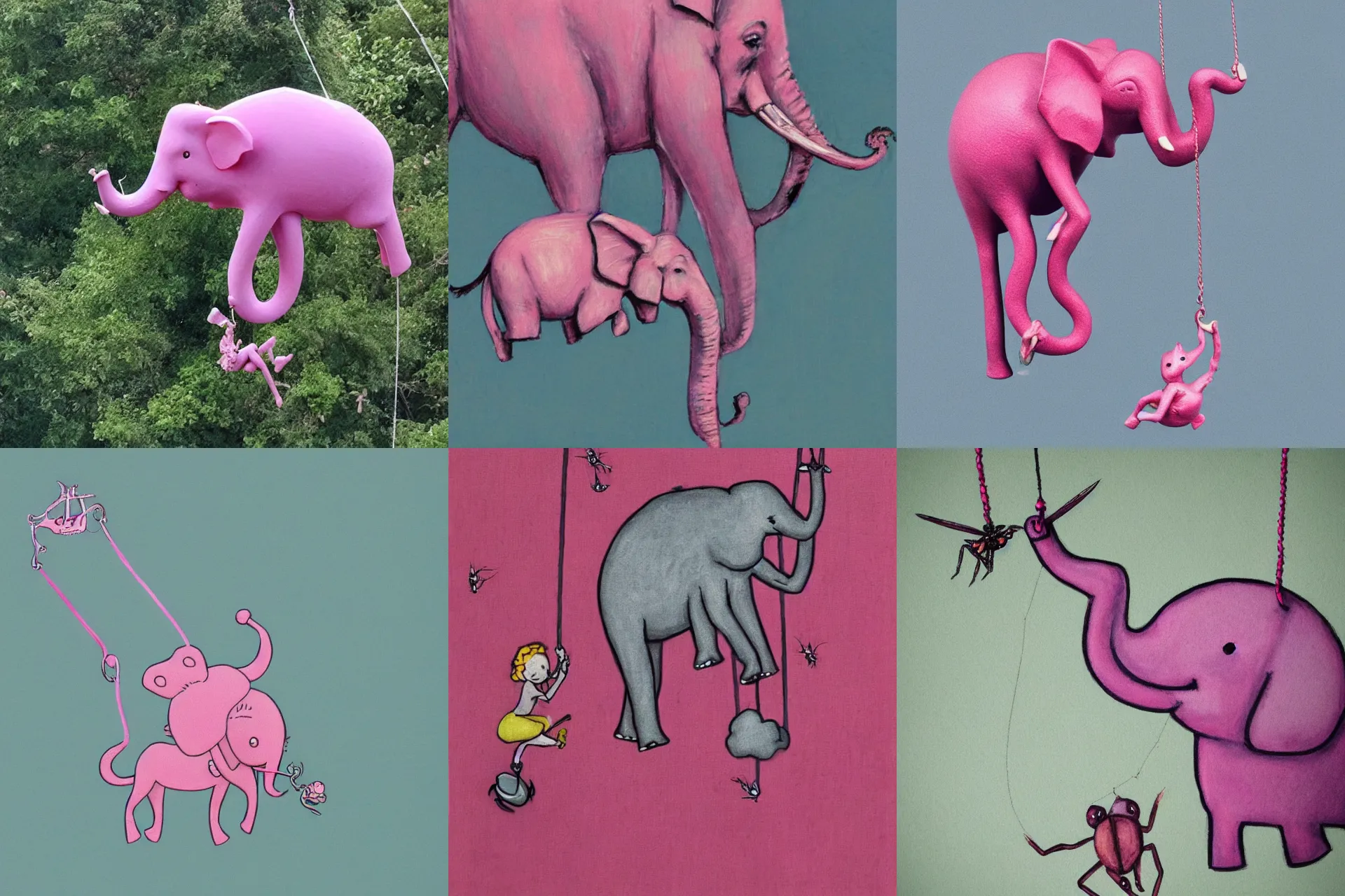 Prompt: a pink elephant swinging on a spider's web