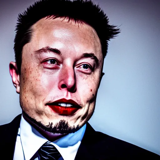 Image similar to elon musk as joker, highly detailed face, 8 k, 3 5 mm film