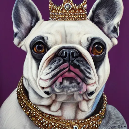 Prompt: portrait painting of hoodied french bulldog with crowns and jewelry by Sandra Chevrier, beautiful, hyperdetailed, trending on Artstation