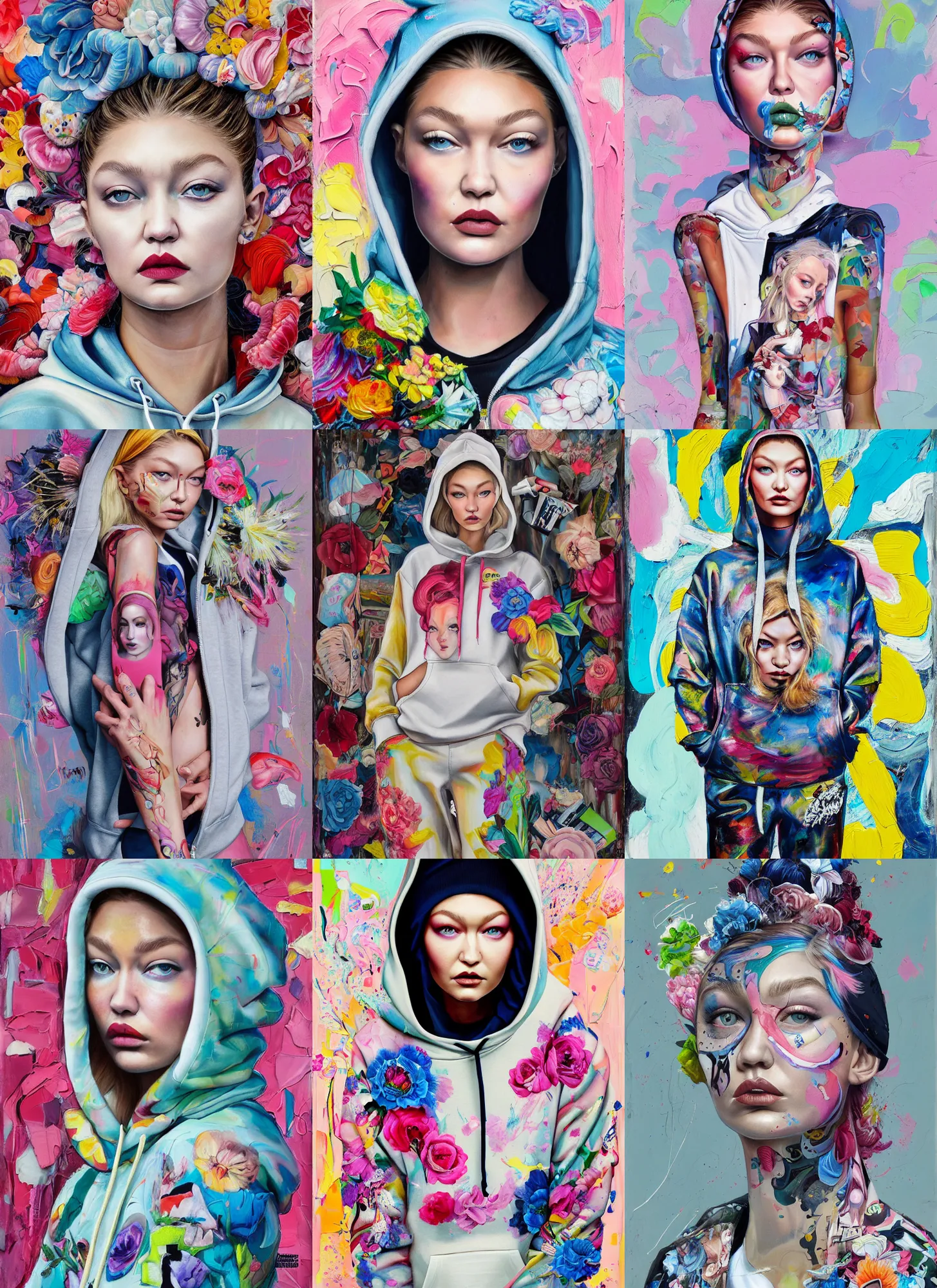 Prompt: gigi hadid wearing a hoodie standing in a township street in the style of martine johanna, street clothing, haute couture! fashion!, full figure painting by andrei riabovitchev, tara mcpherson, david choe, decorative flowers, detailed painterly impasto brushwork, pastel color palette, die antwoord