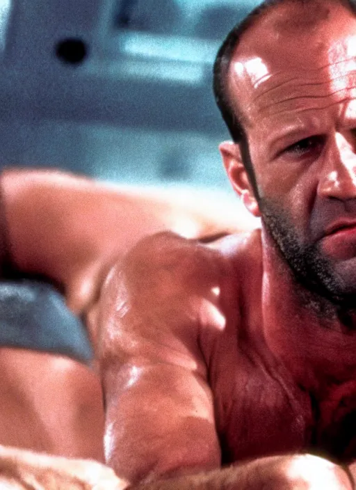 Image similar to film still of Jason Statham as John McClane in Die Hard, 4k