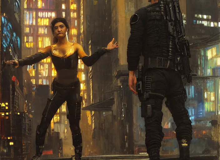 Image similar to sophia evades sgt Griggs. Cyberpunk hacker wearing jumpsuit escaping Cyberpunk police troopers (blade runner 2049). Iranian orientalist portrait by john william waterhouse and Edwin Longsden Long and Theodore Ralli and Nasreddine Dinet, oil on canvas. Cinematic, hyper realistic, Dramatic lighting.