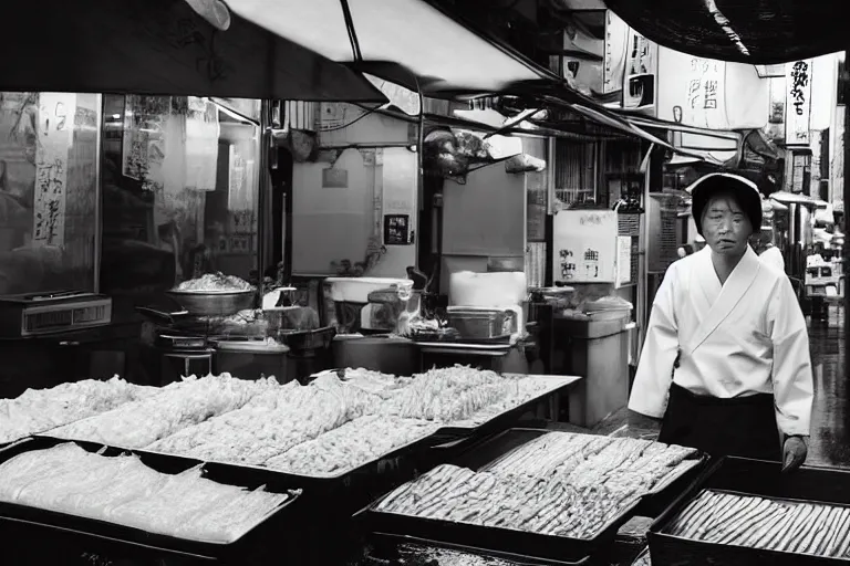 Image similar to still photo of a japanese street fish vendor black and white color aesthetic, highly detailed, photorealistic portrait, bright studio setting, studio lighting, crisp quality and light reflections, unreal engine 5 quality render