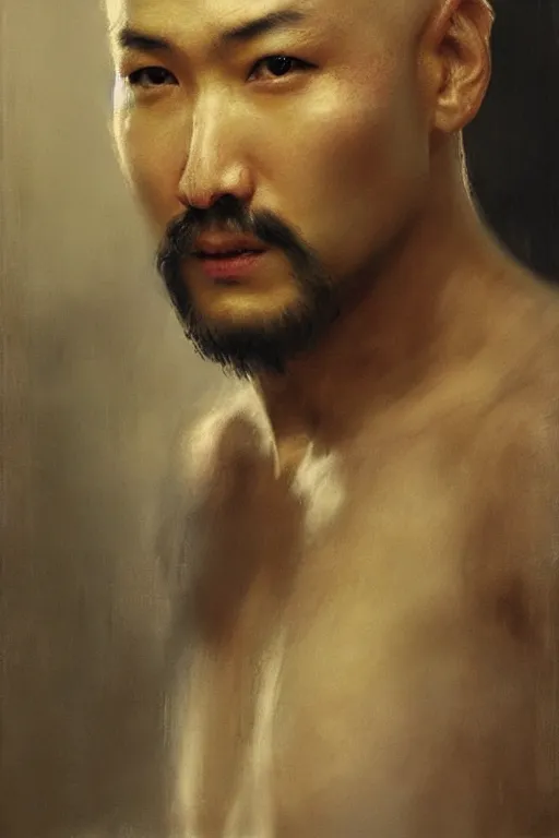 Image similar to beautiful bald kazakh guy with a short beard, painted by ruan jia, realistic, dramatic light