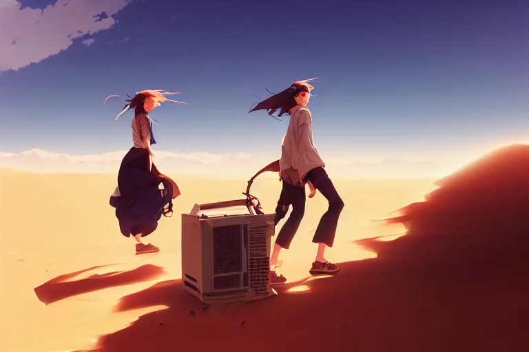 Image similar to computer programmer lost in the desert, dragging a broken computer, single subject, mountaineous background, scenic full shot, ambient lighting, detailed face, by makoto shinkai, stanley artgerm lau, wlop, rossdraws