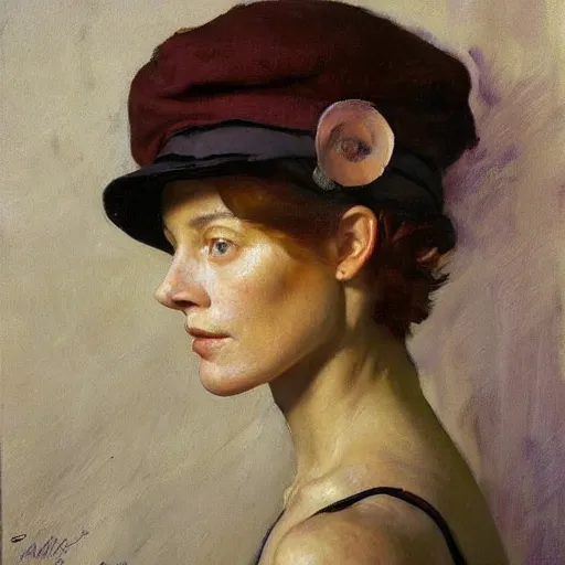 Image similar to A stunning masterful portrait of a striking French woman with short pink hair and wearing a black French beret high cheek bones by Andrew Wyeth, John Singer Sargent, and Norman Rockwell, natural light, oil painting, ethereal, earth tones, strong brushwork