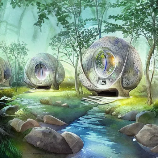 Prompt: beautiful happy picturesque charming sci - fi modular organic pod - like homes of the future in a beautiful natural scene. water, trees and rocks. beautiful light. soft colour scheme. beautiful artistic detailed watercolor by lurid. ( 2 0 2 2 )