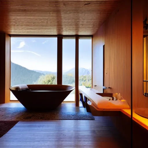 Image similar to a nice wooden bathroom , sink placed in a long wooden corner, wide horizontal window with a view to the Alpes, a technologic Japanese toilet, dichroic lights on the ceiling