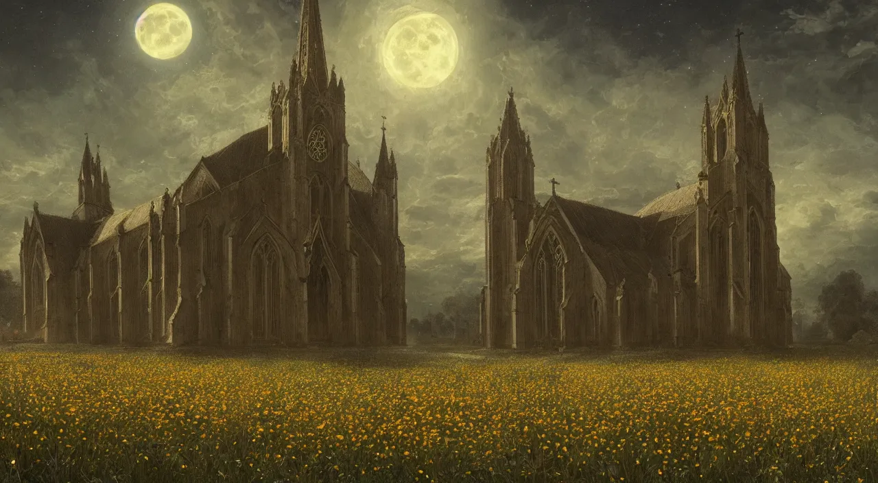 Prompt: A church in a field of flowers, with moonlight shining on the earth.highly realistic, hyper detailed,cinematic,4k,by Greg Rutkowski and gustav doré