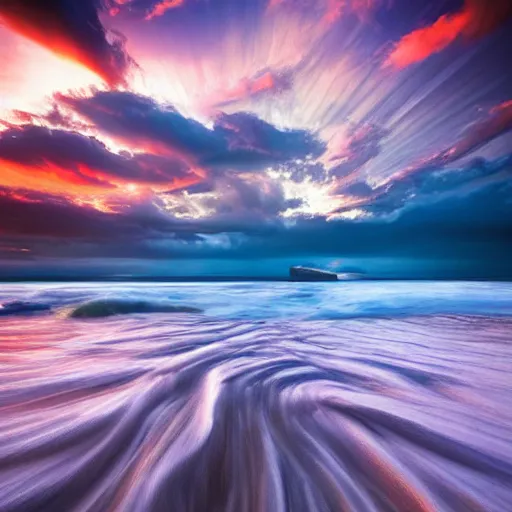 Image similar to landscape photography by marc adamus, the sea, sunset, dramatic lighting, clouds, beautiful'gives instant pleasant looking photography - like images