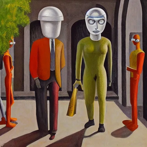 Image similar to drab workers wearing masks walking along cloisters, brutalist courtyard, watched by robots, dystopian, pj crook, edward hopper, oil on canvas