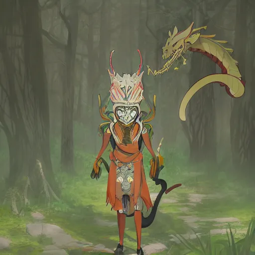 Image similar to concept art painting of an anthropomorphic dragon king with robes, a long dragon neck, and skull mask, in a deep forest, cel shaded, in the style of makoto shinkai and james gurney and studio ghibli and moebius